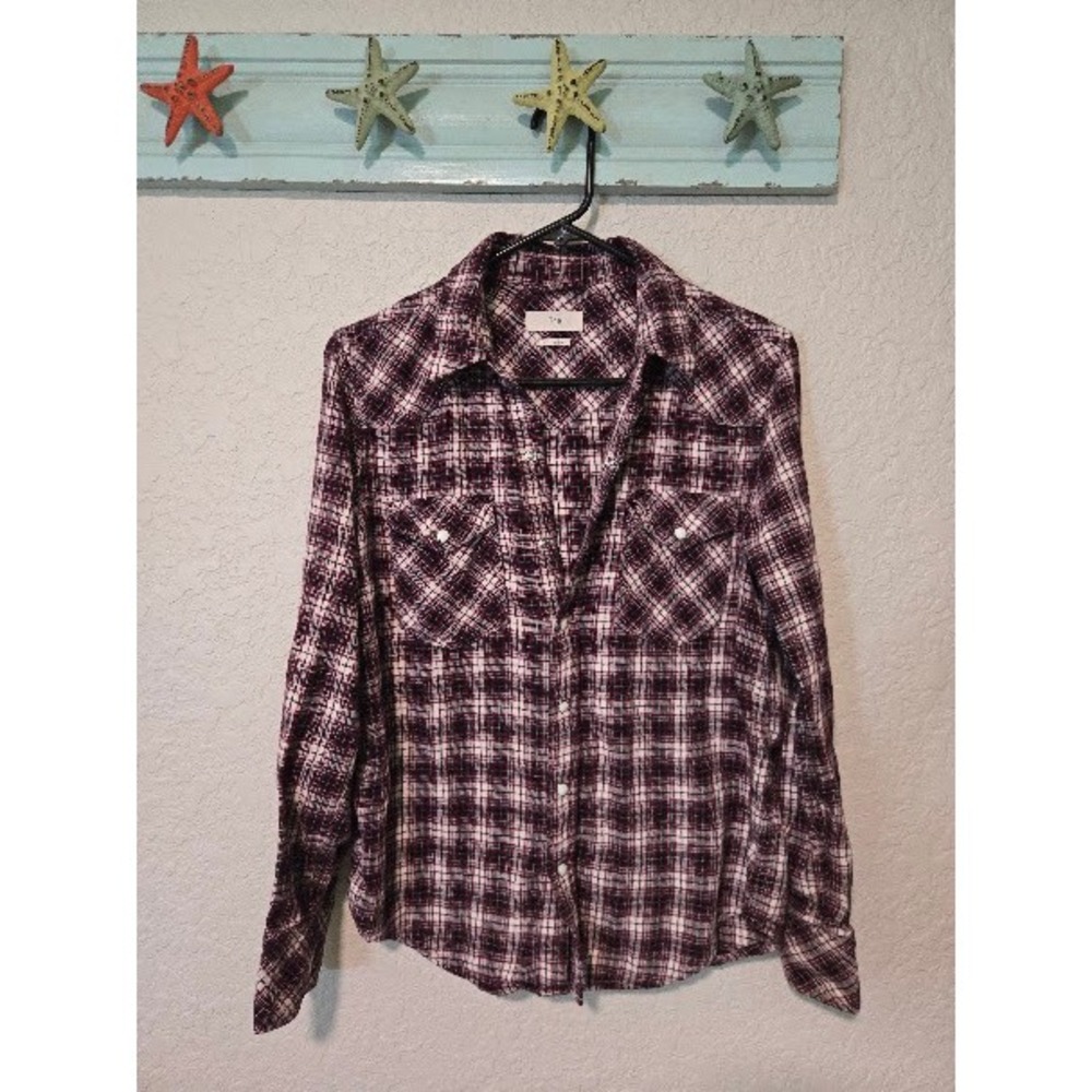 Tna Aritzia Women Burgundy Plaid Flannel Button Down Western Shirt Small